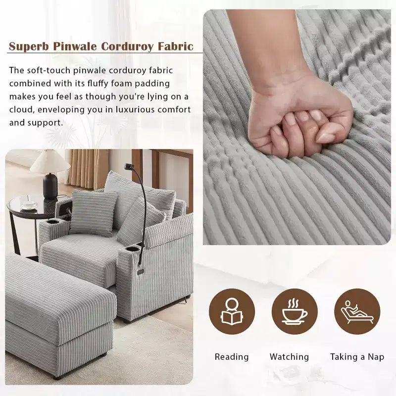 MAYEERTY 41.7 Modern Single Sofa with Storage Ottoman Two Cup Holders for Living Room Gray