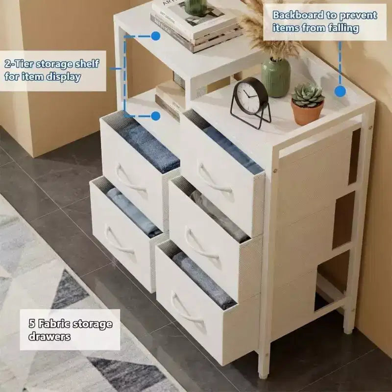 Meuble de classement mobile à 5 tiroirs avec étagères de rangement ouvertes, un meuble de classement pour l'organisation du bureau à domicile, organisateur de rangement de bureau