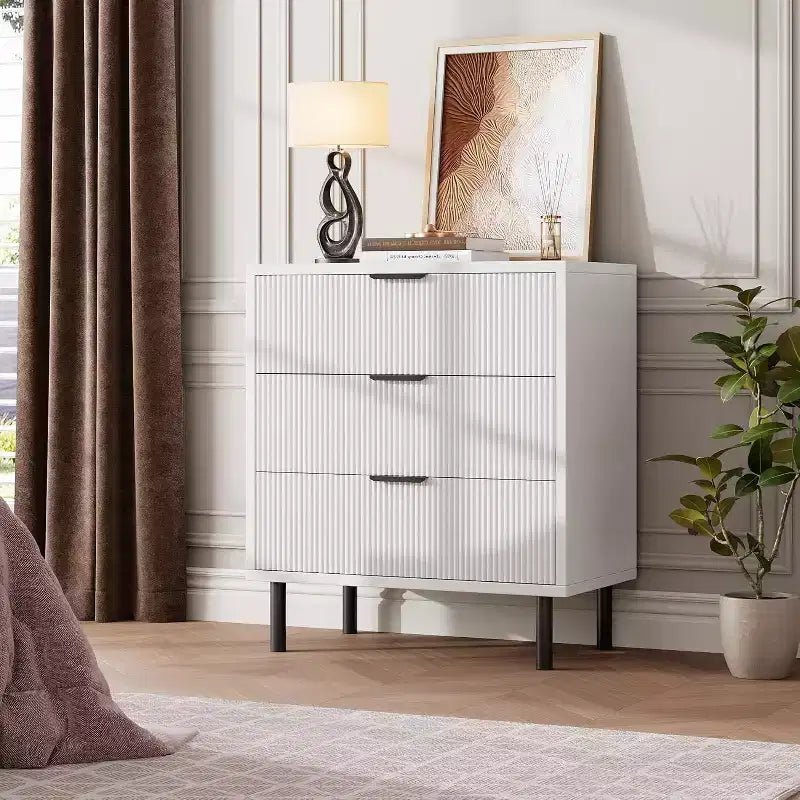 Acekool 3-Drawer Dresser, Modern Wavy Panel Storage Cabinet, Sturdy Bedroom Organizer for Living Room or Entryway