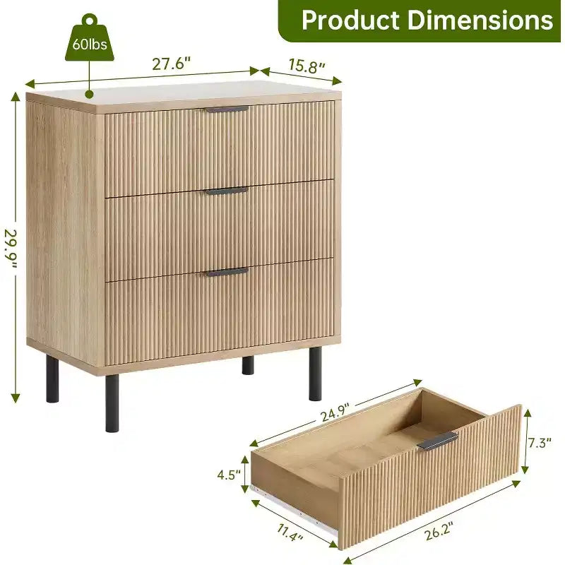 Acekool 3-Drawer Dresser, Modern Wavy Panel Storage Cabinet, Sturdy Bedroom Organizer for Living Room or Entryway