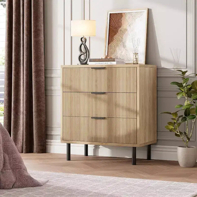 Acekool 3-Drawer Dresser, Modern Wavy Panel Storage Cabinet, Sturdy Bedroom Organizer for Living Room or Entryway