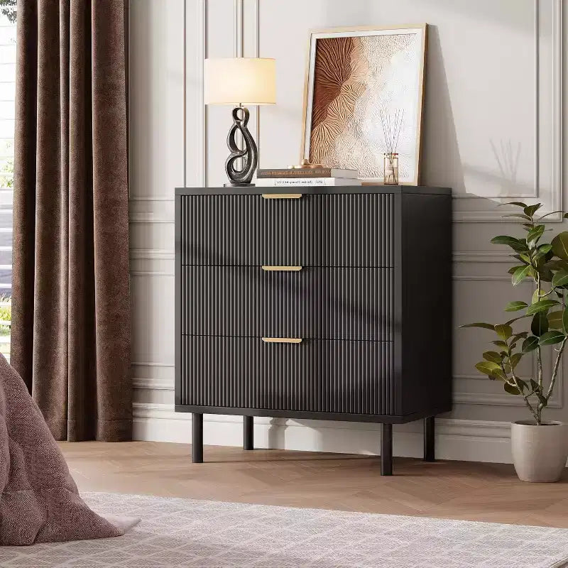 Acekool 3-Drawer Dresser, Modern Wavy Panel Storage Cabinet, Sturdy Bedroom Organizer for Living Room or Entryway