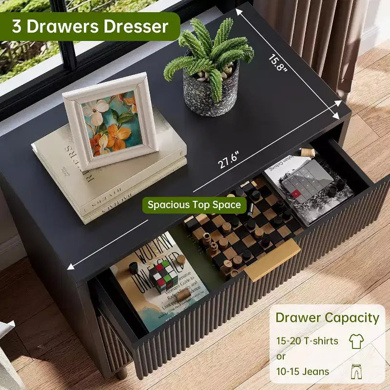 Acekool 3-Drawer Dresser, Modern Wavy Panel Storage Cabinet, Sturdy Bedroom Organizer for Living Room or Entryway