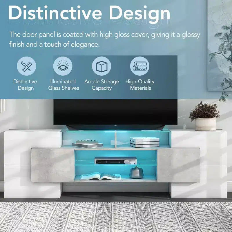 MAYEERTY Gray Unique Shape TV Stand, LED Illuminated Glass Shelf Media Console for 88 TVs