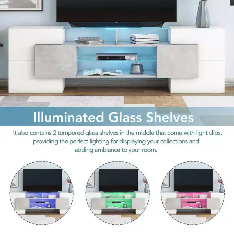 MAYEERTY Gray Unique Shape TV Stand, LED Illuminated Glass Shelf Media Console for 88 TVs