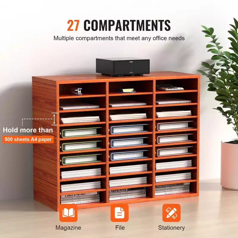 27-Compartment Literature Organizer with Adjustable Shelves Wood Mail Center