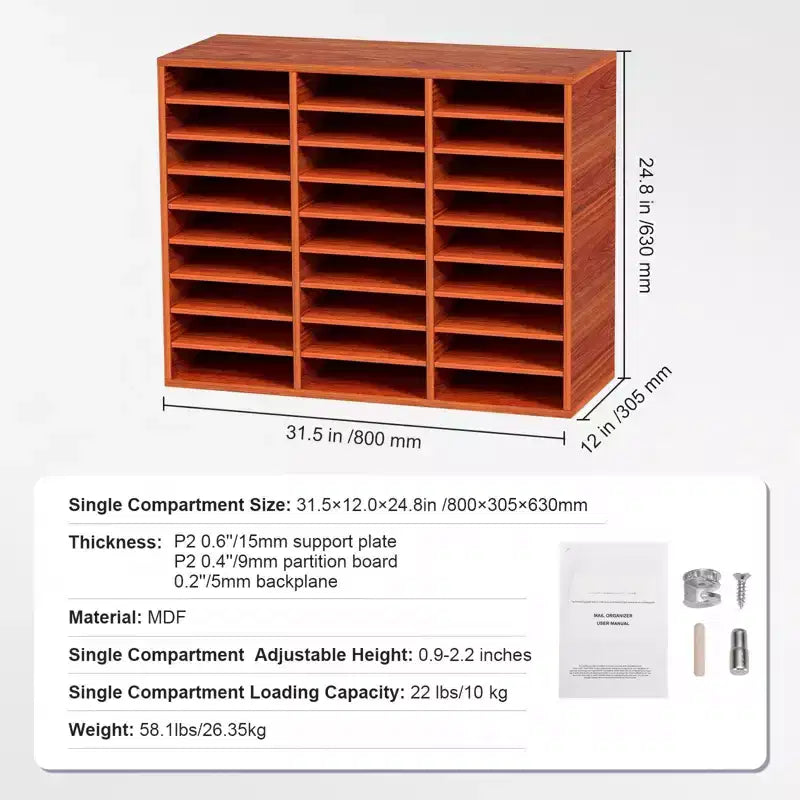 27-Compartment Literature Organizer with Adjustable Shelves Wood Mail Center