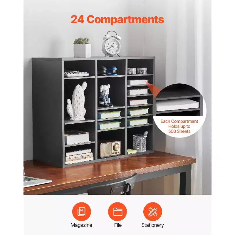 Organiseur de documents 24 compartiments avec étagères réglables en bois pour courrier