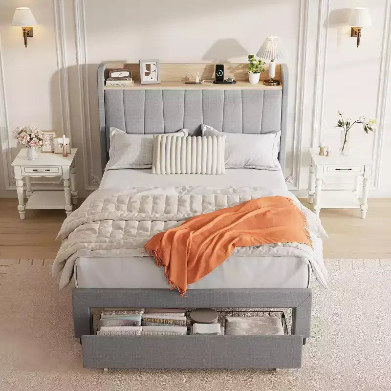 Cadre de lit double rembourré Acekool avec tête de lit de rangement, tiroir et station de charge, pour chambre à coucher, pas besoin de sommier tapissier