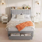 Cadre de lit double rembourré Acekool avec tête de lit de rangement, tiroir et station de charge, pour chambre à coucher, pas besoin de sommier tapissier