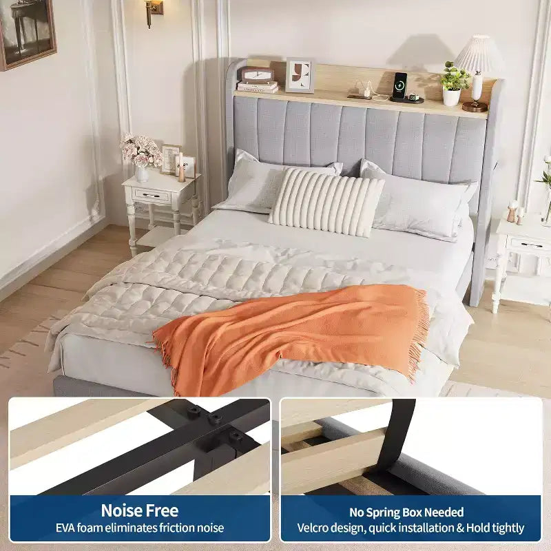 Cadre de lit double rembourré Acekool avec tête de lit de rangement, tiroir et station de charge, pour chambre à coucher, pas besoin de sommier tapissier