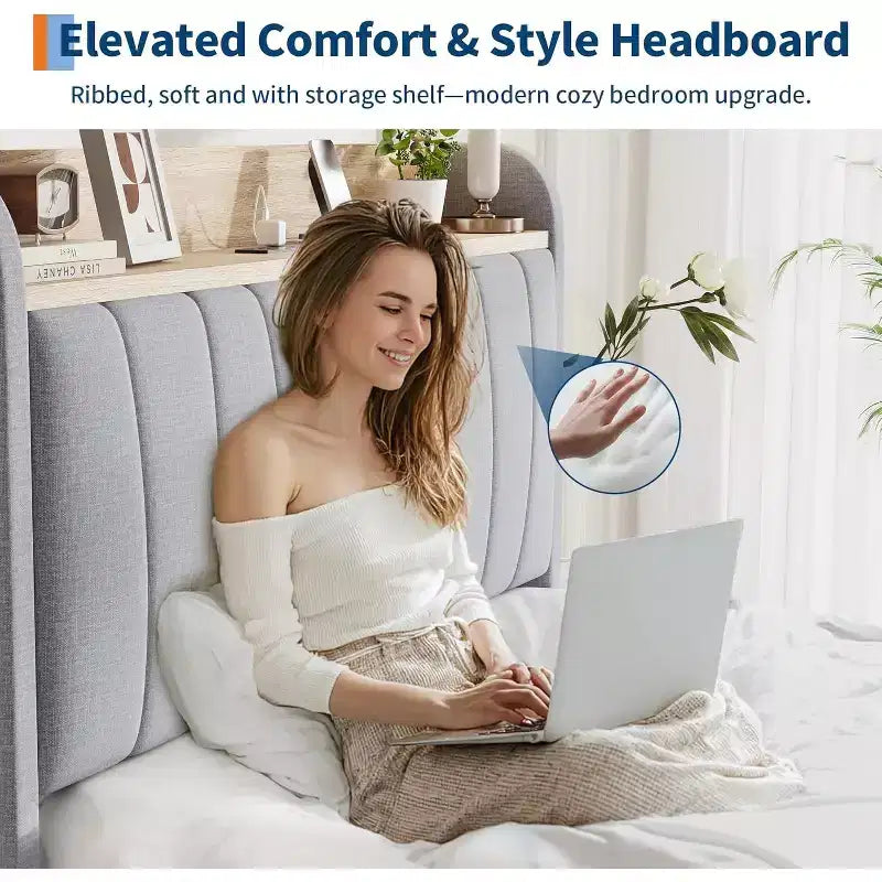 Cadre de lit double rembourré Acekool avec tête de lit de rangement, tiroir et station de charge, pour chambre à coucher, pas besoin de sommier tapissier