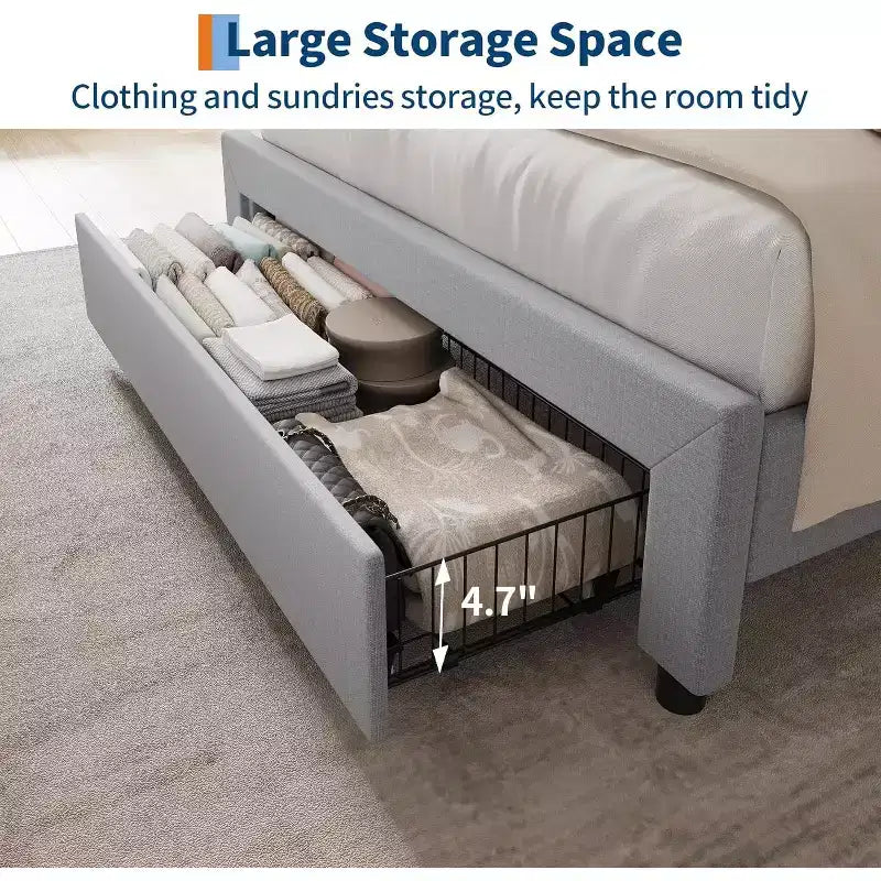 Cadre de lit double rembourré Acekool avec tête de lit de rangement, tiroir et station de charge, pour chambre à coucher, pas besoin de sommier tapissier