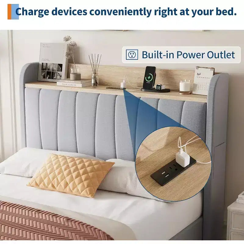 Cadre de lit double rembourré Acekool avec tête de lit de rangement, tiroir et station de charge, pour chambre à coucher, pas besoin de sommier tapissier