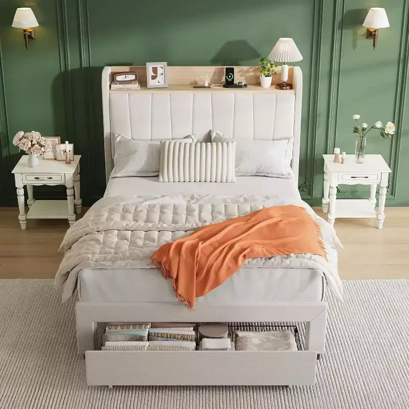 Cadre de lit double rembourré Acekool avec tête de lit de rangement, tiroir et station de charge, pour chambre à coucher, pas besoin de sommier tapissier