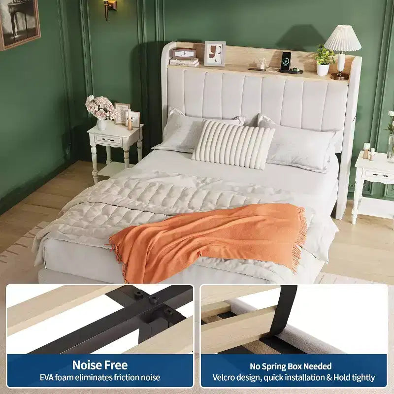 Cadre de lit double rembourré Acekool avec tête de lit de rangement, tiroir et station de charge, pour chambre à coucher, pas besoin de sommier tapissier