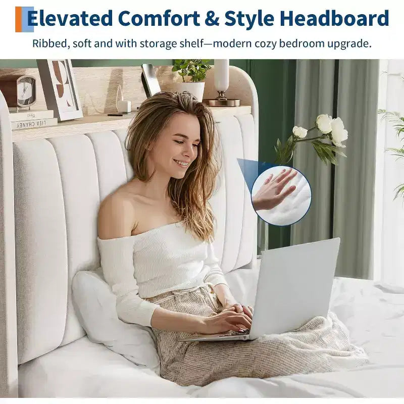 Cadre de lit double rembourré Acekool avec tête de lit de rangement, tiroir et station de charge, pour chambre à coucher, pas besoin de sommier tapissier