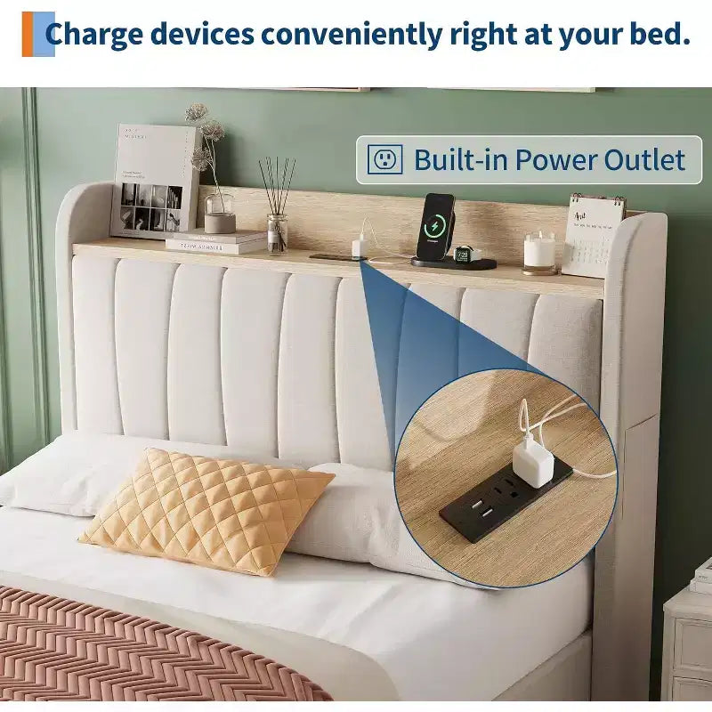 Cadre de lit double rembourré Acekool avec tête de lit de rangement, tiroir et station de charge, pour chambre à coucher, pas besoin de sommier tapissier