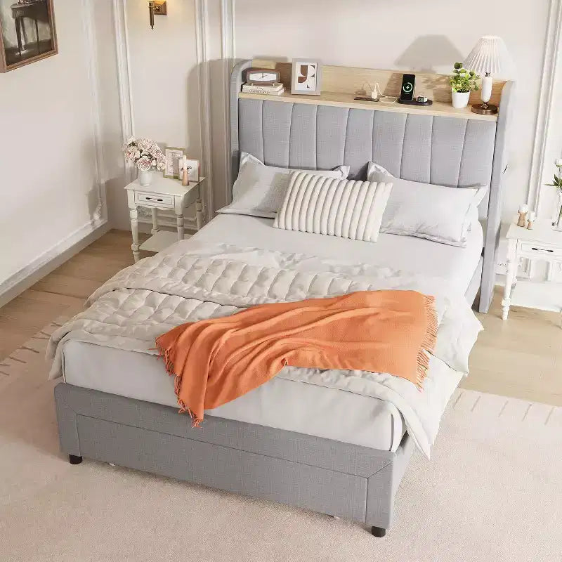 Cadre de lit double rembourré Acekool avec tête de lit de rangement, tiroir et station de charge, pour chambre à coucher, pas besoin de sommier tapissier