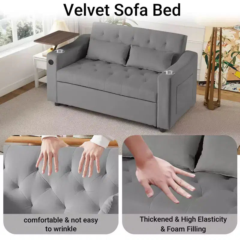 MooxvMoo 3 in 1 Sleeper Sofa Bed,Convertible Pull Out Couch with Small Table,USB and Type-C Ports,Loveseat Sleeper Bed with Side Pockets,Grey