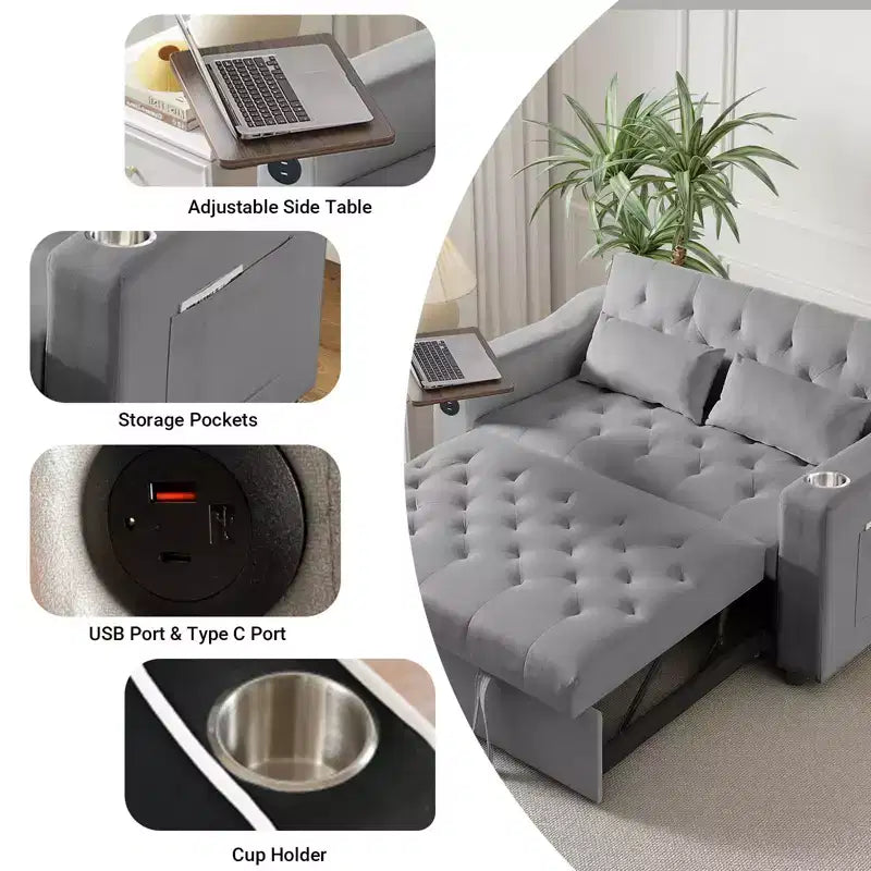 MooxvMoo 3 in 1 Sleeper Sofa Bed,Convertible Pull Out Couch with Small Table,USB and Type-C Ports,Loveseat Sleeper Bed with Side Pockets,Grey