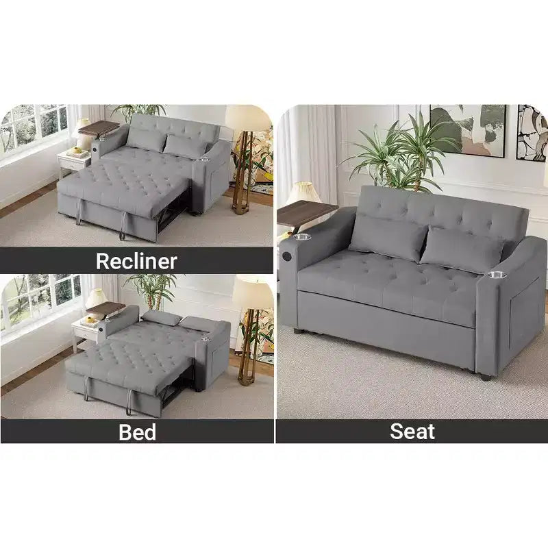 MooxvMoo 3 in 1 Sleeper Sofa Bed,Convertible Pull Out Couch with Small Table,USB and Type-C Ports,Loveseat Sleeper Bed with Side Pockets,Grey