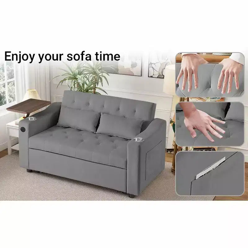 MooxvMoo 3 in 1 Sleeper Sofa Bed,Convertible Pull Out Couch with Small Table,USB and Type-C Ports,Loveseat Sleeper Bed with Side Pockets,Grey