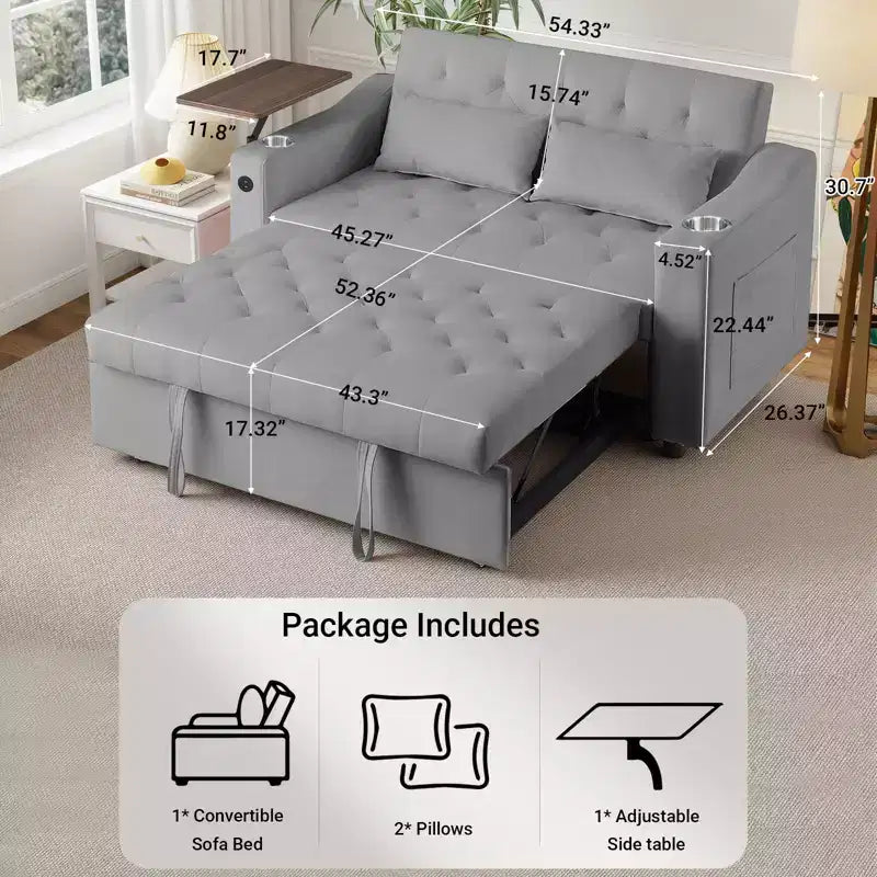 MooxvMoo 3 in 1 Sleeper Sofa Bed,Convertible Pull Out Couch with Small Table,USB and Type-C Ports,Loveseat Sleeper Bed with Side Pockets,Grey