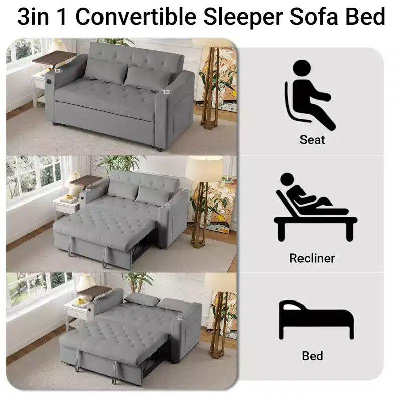 MooxvMoo 3 in 1 Sleeper Sofa Bed,Convertible Pull Out Couch with Small Table,USB and Type-C Ports,Loveseat Sleeper Bed with Side Pockets,Grey