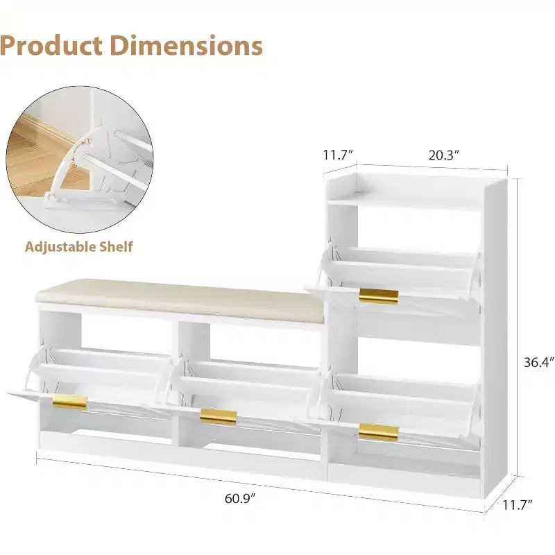 Shoe Cabinet with Bench, 4 Flip Drawers Entryway Shoe Storage Organizer with Comfort Cushioned Seat, Freestanding Shoe Rack Bench for Foyer Hallway