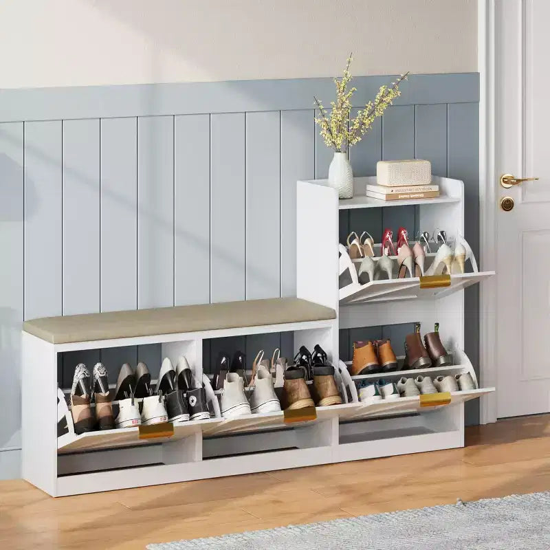Shoe Cabinet with Bench, 4 Flip Drawers Entryway Shoe Storage Organizer with Comfort Cushioned Seat, Freestanding Shoe Rack Bench for Foyer Hallway