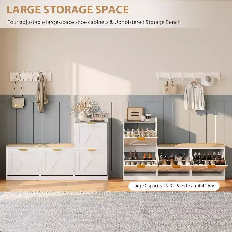 Shoe Cabinet with Bench, 4 Flip Drawers Entryway Shoe Storage Organizer with Comfort Cushioned Seat, Freestanding Shoe Rack Bench for Foyer Hallway