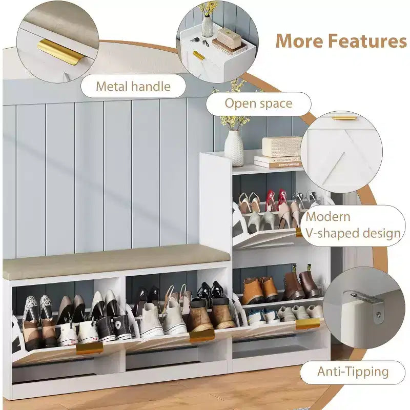 Shoe Cabinet with Bench, 4 Flip Drawers Entryway Shoe Storage Organizer with Comfort Cushioned Seat, Freestanding Shoe Rack Bench for Foyer Hallway