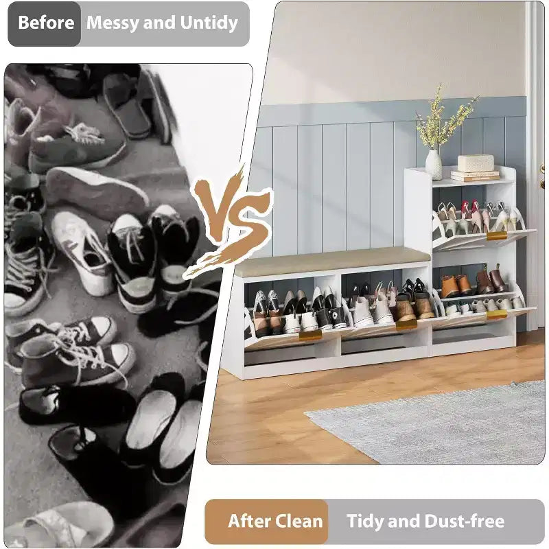 Shoe Cabinet with Bench, 4 Flip Drawers Entryway Shoe Storage Organizer with Comfort Cushioned Seat, Freestanding Shoe Rack Bench for Foyer Hallway
