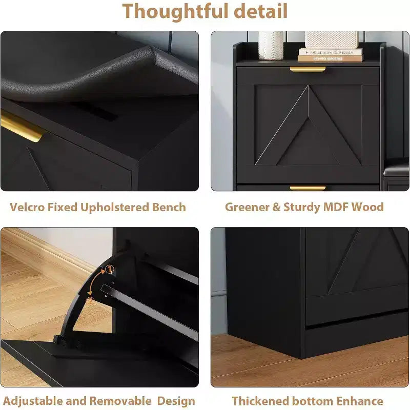 Shoe Cabinet with Bench, 4 Flip Drawers Entryway Shoe Storage Organizer with Comfort Cushioned Seat, Freestanding Shoe Rack Bench for Foyer Hallway