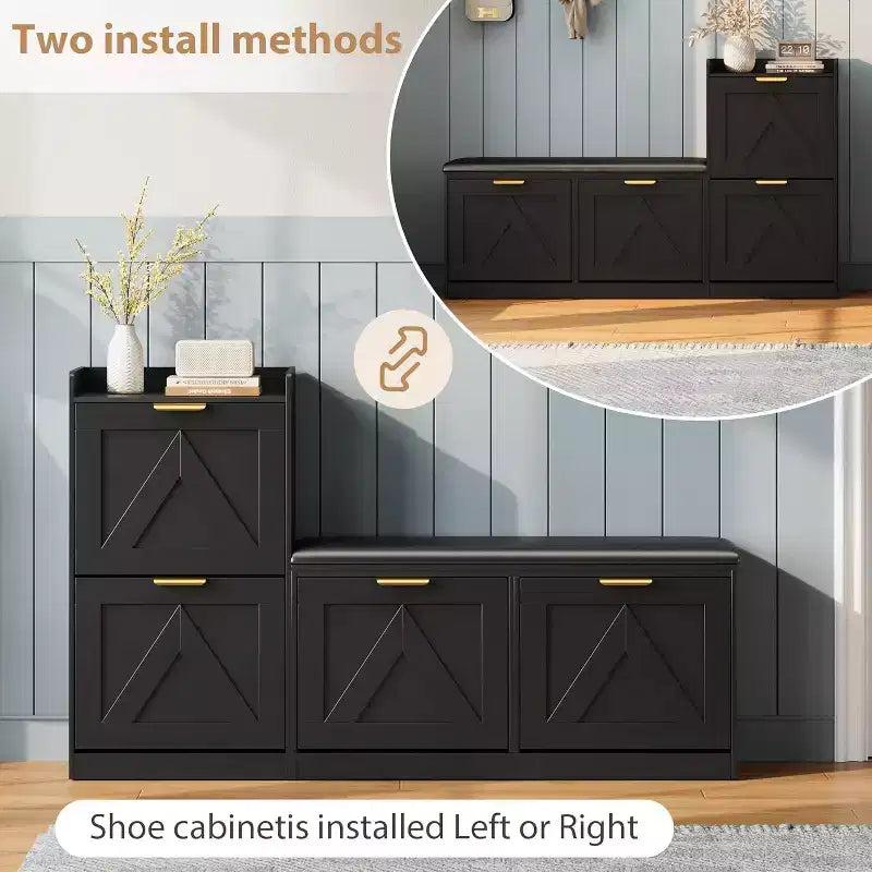 Shoe Cabinet with Bench, 4 Flip Drawers Entryway Shoe Storage Organizer with Comfort Cushioned Seat, Freestanding Shoe Rack Bench for Foyer Hallway