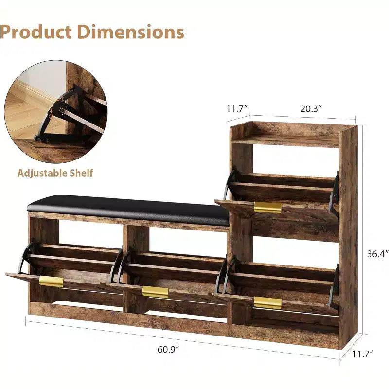 Shoe Cabinet with Bench, 4 Flip Drawers Entryway Shoe Storage Organizer with Comfort Cushioned Seat, Freestanding Shoe Rack Bench for Foyer Hallway