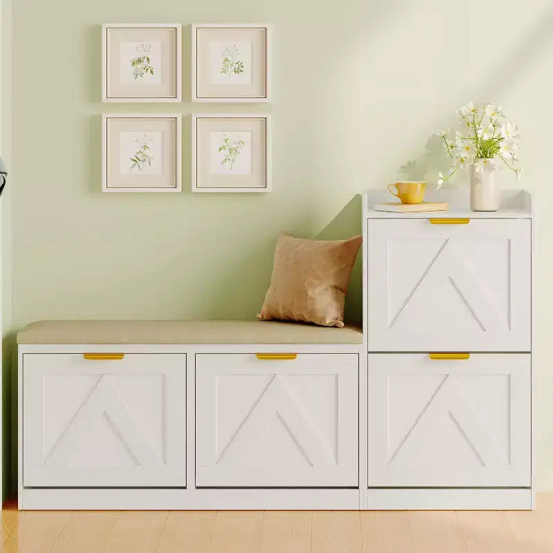 Shoe Cabinet with Bench, 4 Flip Drawers Entryway Shoe Storage Organizer with Comfort Cushioned Seat, Freestanding Shoe Rack Bench for Foyer Hallway