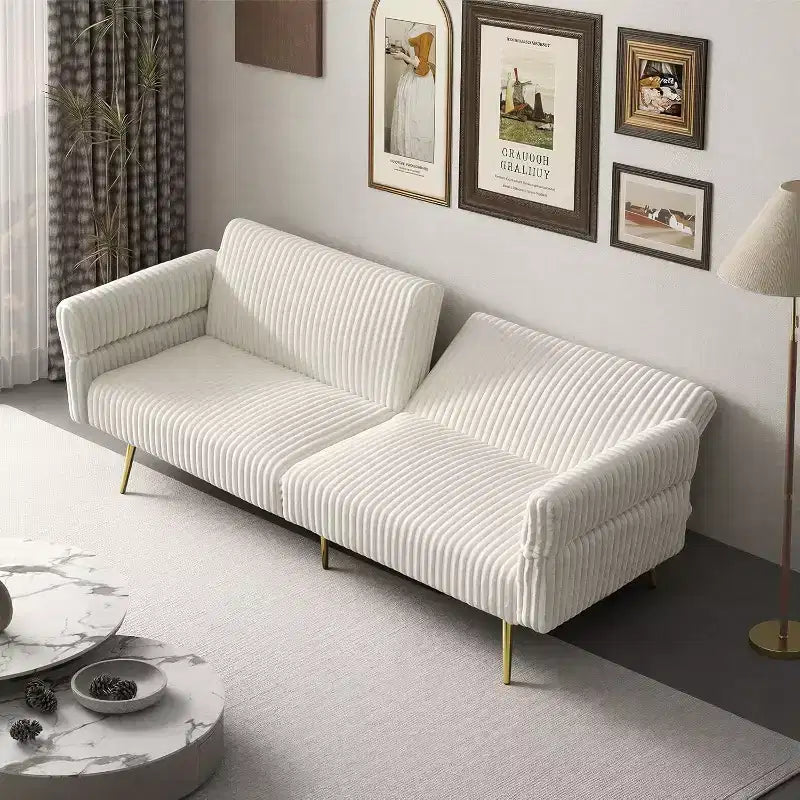 MooxvMoo Futon Sofa Bed, Convertible Futon Couch Bed with Adjustable Backrest, 2 Pillows, Corduroy Loveseat Futon for Small Spaces, Living Room,White