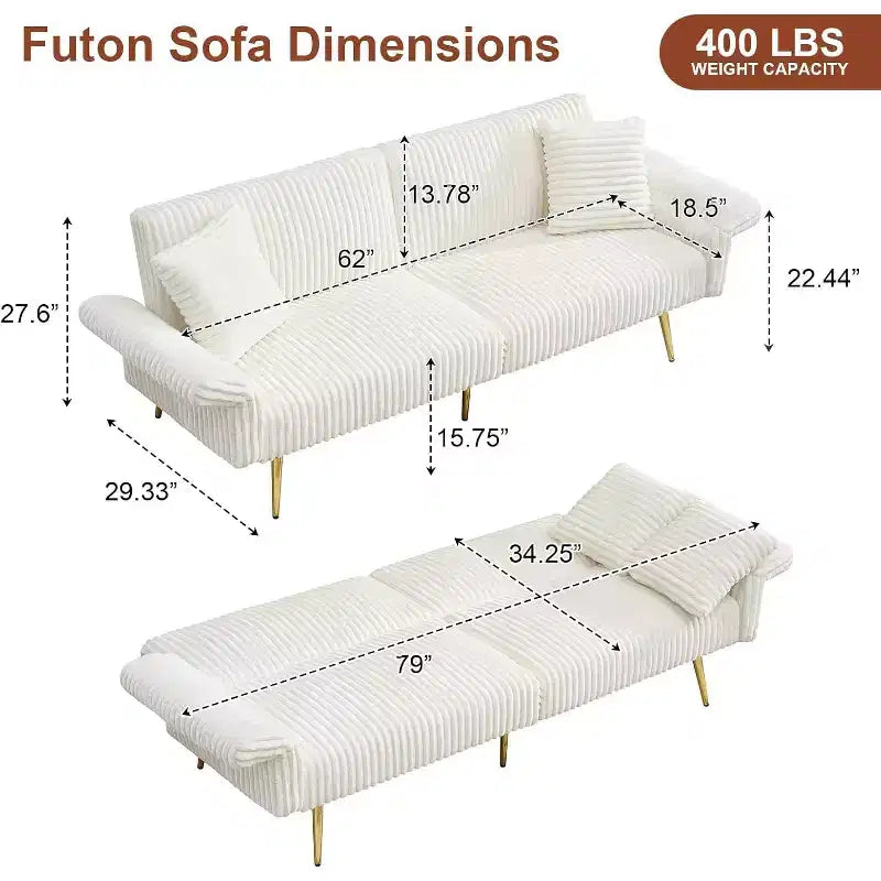 MooxvMoo Canapé-lit Futon, Canapé-lit Futon Convertible avec Dossier Réglable, 2 Oreillers, Canapé Futon en Velours Côtelé pour Petits Espaces, Salon, Blanc