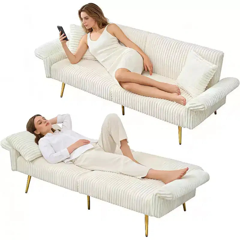 MooxvMoo Canapé-lit Futon, Canapé-lit Futon Convertible avec Dossier Réglable, 2 Oreillers, Canapé Futon en Velours Côtelé pour Petits Espaces, Salon, Blanc