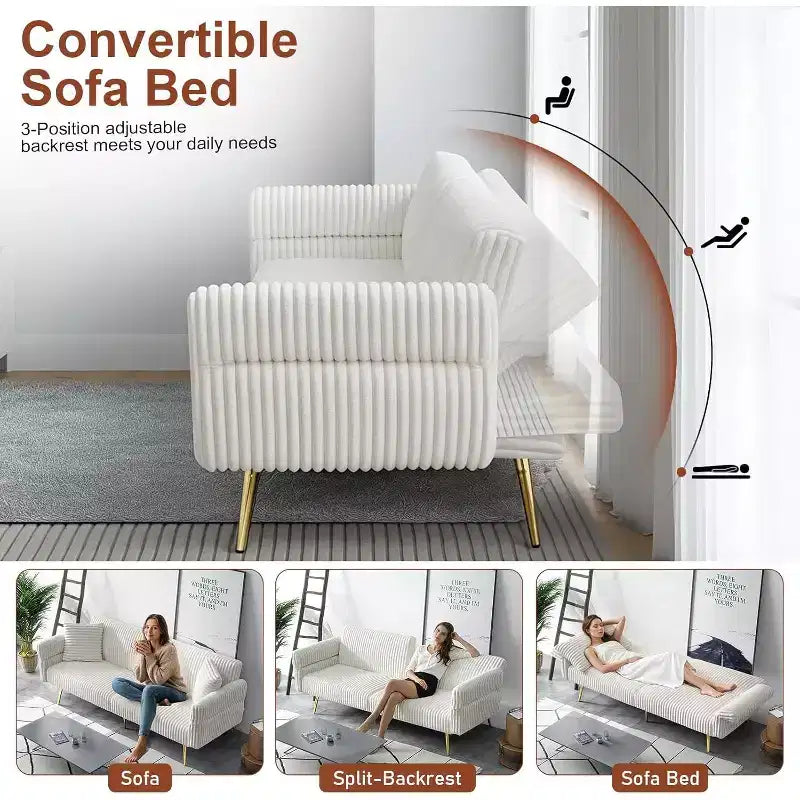 MooxvMoo Canapé-lit Futon, Canapé-lit Futon Convertible avec Dossier Réglable, 2 Oreillers, Canapé Futon en Velours Côtelé pour Petits Espaces, Salon, Blanc