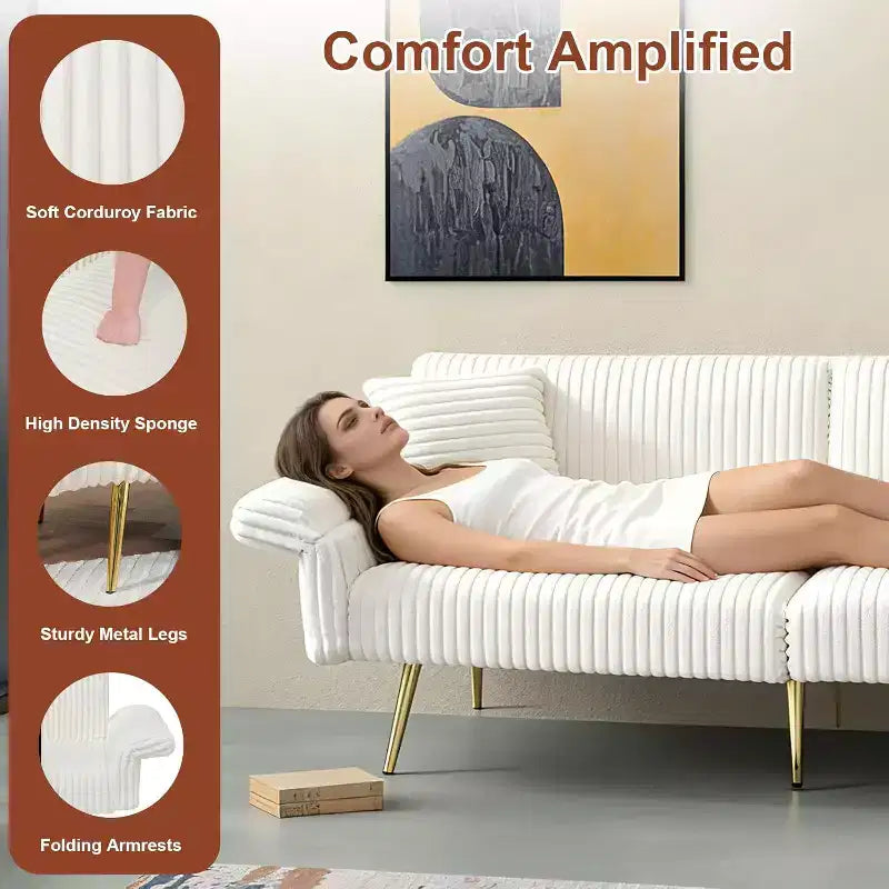 MooxvMoo Canapé-lit Futon, Canapé-lit Futon Convertible avec Dossier Réglable, 2 Oreillers, Canapé Futon en Velours Côtelé pour Petits Espaces, Salon, Blanc