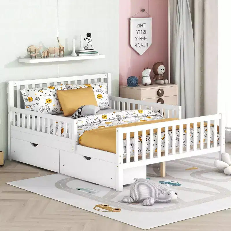 MAYEERTY Full Size Wood Platform Bed with Guardrails on Both Sides and Two Storage Drawers White