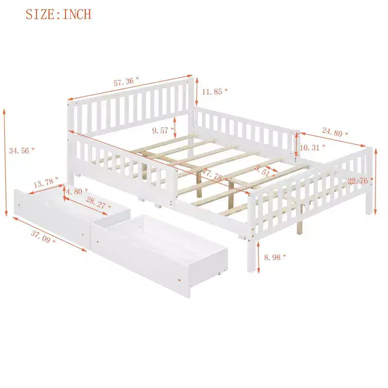 MAYEERTY Full Size Wood Platform Bed with Guardrails on Both Sides and Two Storage Drawers White