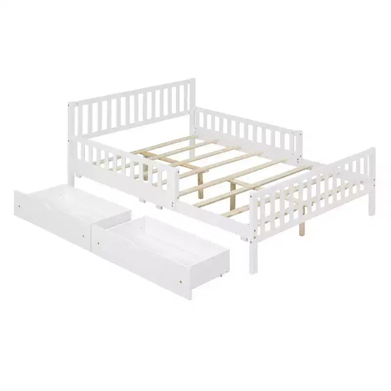 MAYEERTY Full Size Wood Platform Bed with Guardrails on Both Sides and Two Storage Drawers White