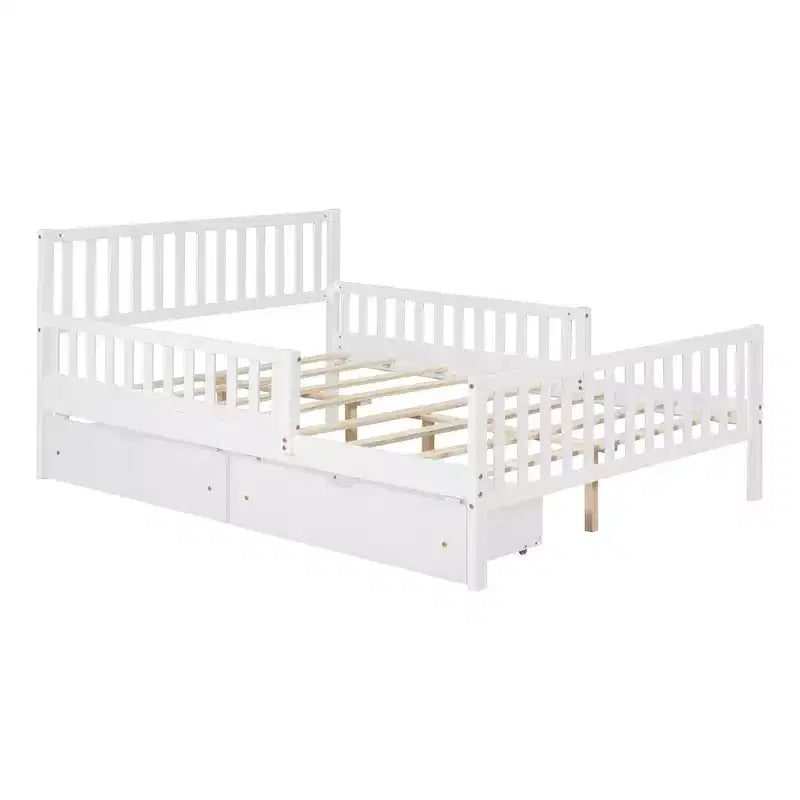 MAYEERTY Full Size Wood Platform Bed with Guardrails on Both Sides and Two Storage Drawers White