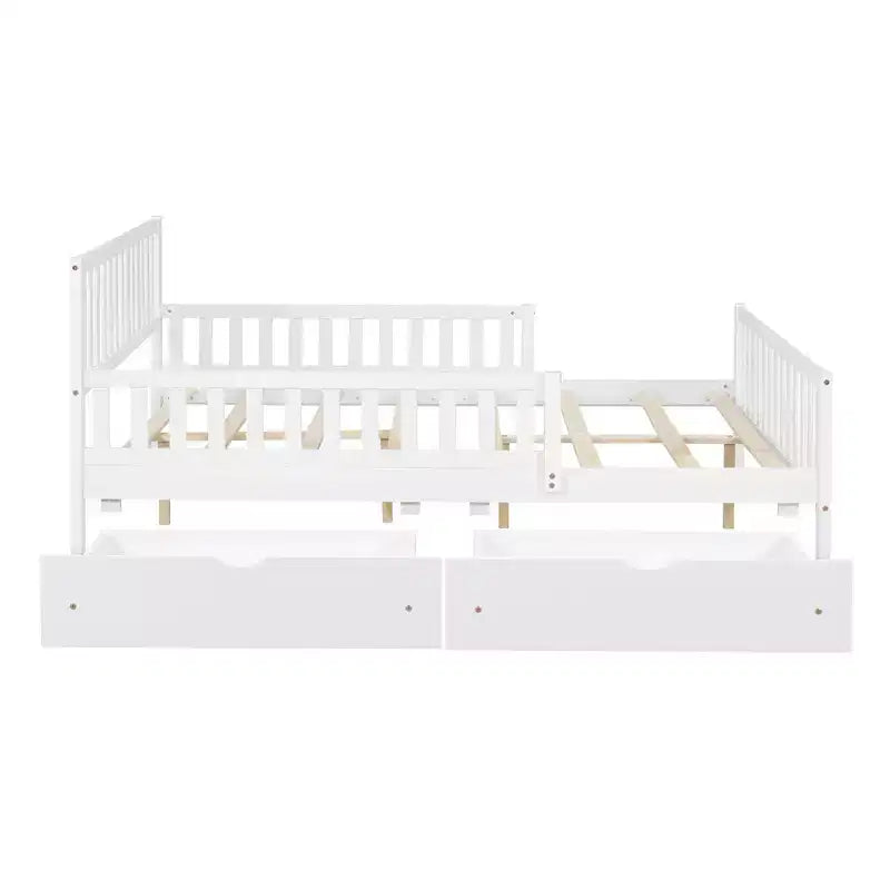 MAYEERTY Full Size Wood Platform Bed with Guardrails on Both Sides and Two Storage Drawers White