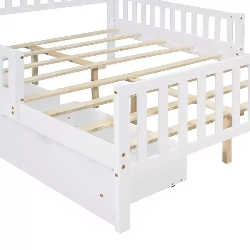 MAYEERTY Full Size Wood Platform Bed with Guardrails on Both Sides and Two Storage Drawers White