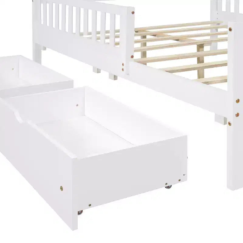 MAYEERTY Full Size Wood Platform Bed with Guardrails on Both Sides and Two Storage Drawers White